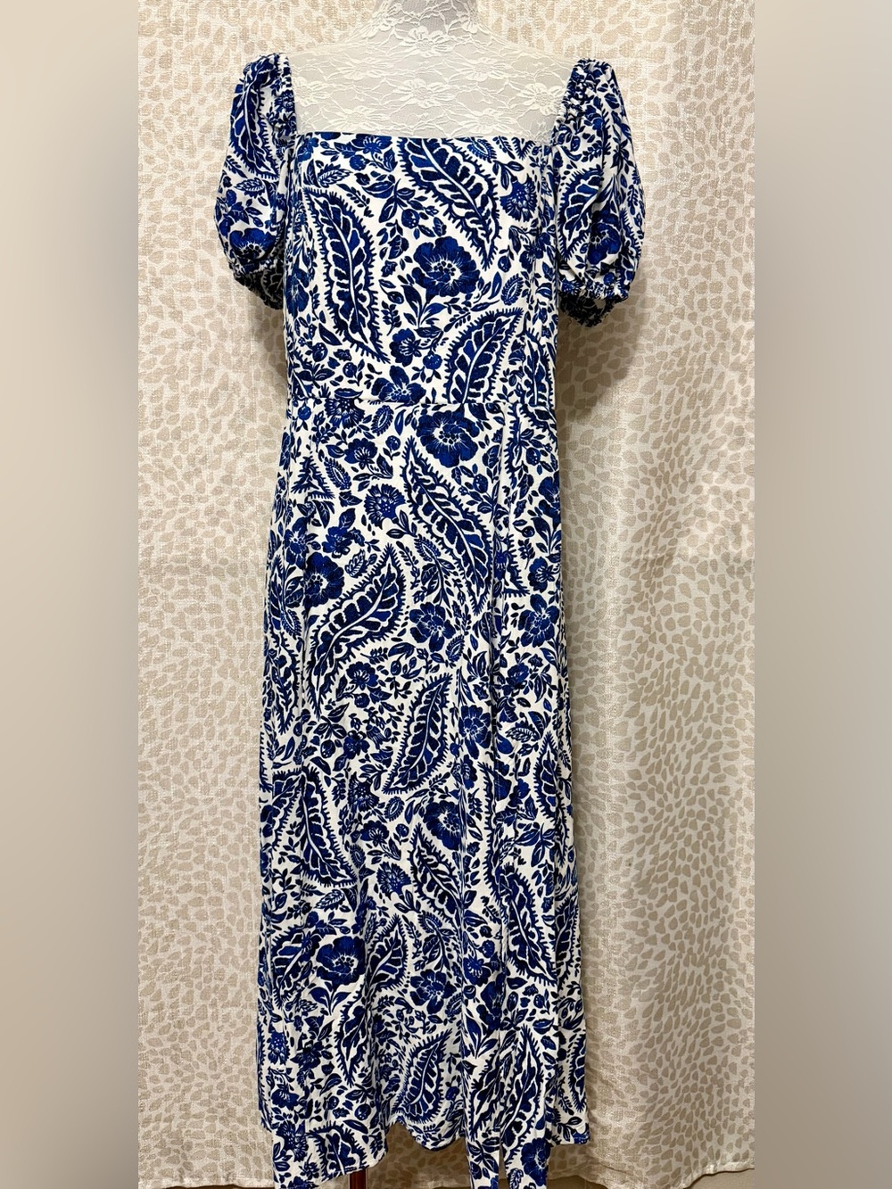Beautiful Blue and White Floral Square-Neck Maxi Dress